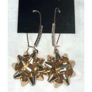 Betsey Johnson Christmas Gift Bow Drop Earrings Gold Tone Rhinestone Holiday